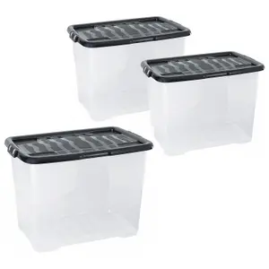 2 x 80 Litre Clear Transparent Base Stackable Curve Plastic Storage Boxes With Black Lids