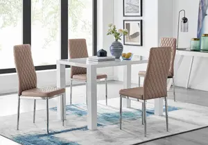 Pivero White High Gloss Dining Table and 4 Cappuccino Beige Milan Chairs Set