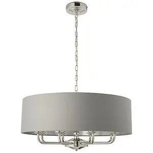 Luminosa Highclere Single Shade Pendant Light Bright Nickel Plate, Charcoal Fabric