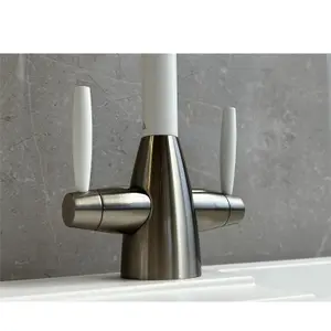 Liquida LB01WH Swan Neck Twin Lever Brushed Steel and White Kitchen Tap