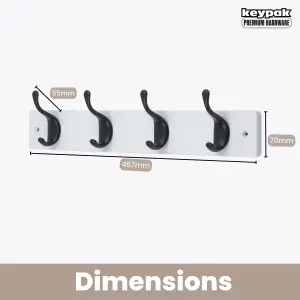 keypak 4 Matte Black Coat Hooks on White Wooden Board - 46cm Modern Wall Mounted Coat Rack Clothes Hanger