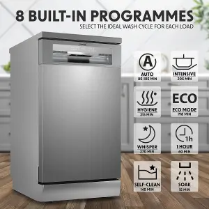 Baridi Slimline Freestanding Dishwasher 8 Programs & 5 Functions LED Silver