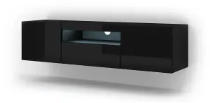 Aura Modern TV Cabinet 150cm in Black Gloss with Blue LED Lighting - W1500mm x H36-420mm x D370mm