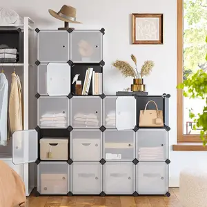 16-Cube DIY Storage Organiser Unit, Plastic Closet Cabinet, Wardrobe, with Doors, for Clothes Shoes Toys Books, Grey