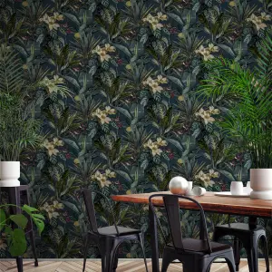 GDUK Tropical Bouquet Nepata Textured Wallpaper, Teal Navy