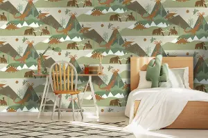 Prehistoric Green/Orange Children's Wallpaper