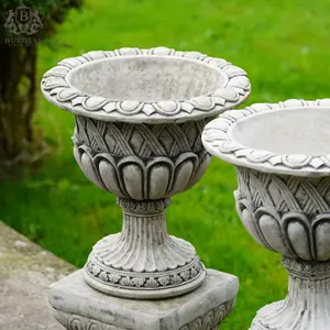 Pair of Vase Urns + Plinth Planters British made Stone Garden Ornament