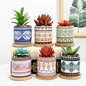 simpa 6PC Natural Pattern Ceramic Plant Pots with Bamboo Base