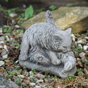 Washing Cat Stone Statue Kitten Animal Outdoor Garden Ornament Decoration British Made Sculpture