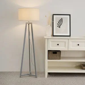 ValueLights Lottie Grey Wood Tripod Floor Lamp with Natural Drum Shade