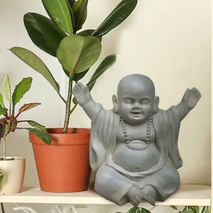 Buddha Statue Indoor and Outdoor, Moss Washed Stone Effect Feng Shui Ornament, Laughing Buddha Baby Monk Figurine L35.5 W25.5 H31.5 cm