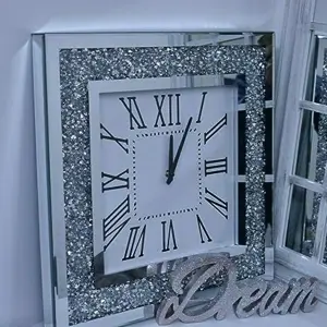 Square Crushed Jewel Mirror Wall Clock Black Hands Roman Diamante