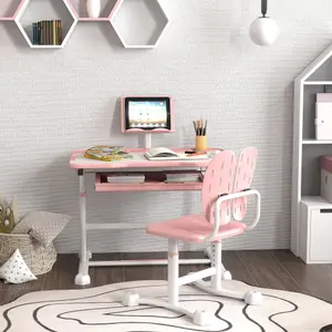 AIYAPLAY Height Adjustable Kids Desk and Chair Set w/ Tilted Desktop - Pink