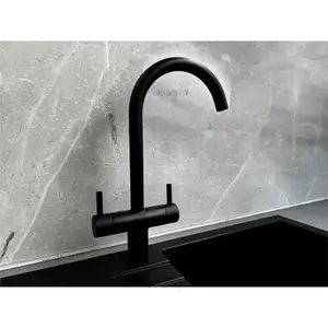 Liquida W03BL Swivel Spout Swan Neck Twin Lever Black Kitchen Mixer Tap