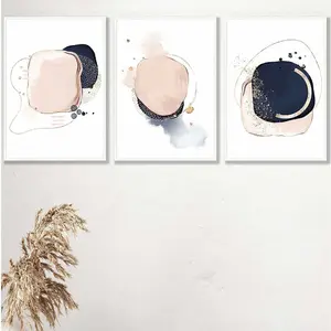 Set of 3 Framed Abstract Navy Blue and Blush Pink Wall Art Prints / 42x59cm (A2) / White Frame