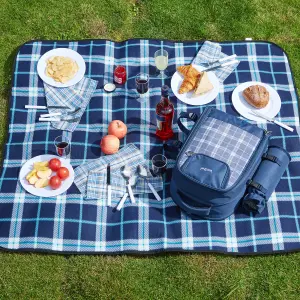 VonShef 4 Person Navy Tartan Picnic Backpack Hamper with Cooler Compartment, Includes Tableware & Fleece Picnic Blanket