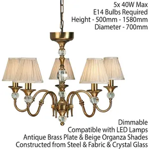 Diana Ceiling Pendant Chandelier Antique Brass & Beige Pleat Shade 5 Lamp Light