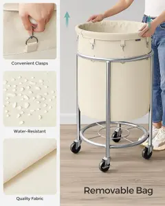 SONGMICS Laundry Basket on Wheels, Laundry Trolley, Round Laundry Hamper with Steel Frame and Removable Bag, Cream and Silver