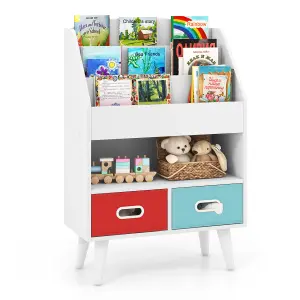 COSTWAY Kids Bookshelf Wooden Children Book Display Rack W/ 2 Foldable Drawers