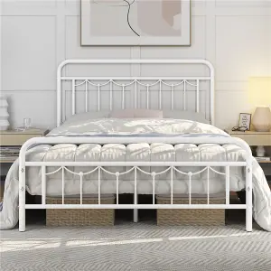 Yaheetech White 4ft6 Double Metal Bed Frame with Vintage Headboard and Footboard