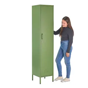 Green Metal Locker Tall 3 Shelf Cabinet, 1 Door Modern Industrial Rustic Wardrobe Storage Cupboard for Living Room or Office