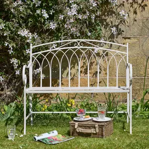 Vintage Style Cream Iron Arched Back Outdoor Garden Furniture Two Seater Garden Bench