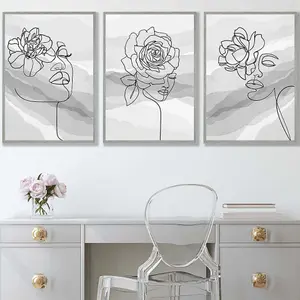 Set of 3 Female Line Art Floral Faces on Grey Wall Art Prints / 42x59cm (A2) / Light Grey Frame