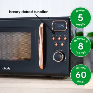 Abode Retro Black Microwave 20L 700W Digital 8 Auto Cook Rose Gold with Defrost Function AMD2004BRG