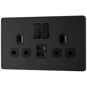 BG Matt Black Double 13A 12W Raised slim Switched Screwless Socket with USB, x2 & Black inserts