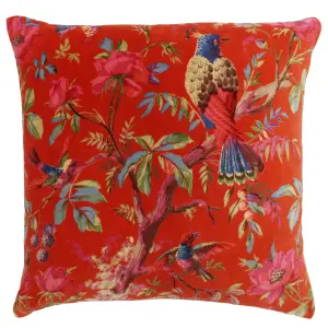 Paoletti Paradise Bird and Flower Printed Velvet Polyester Filled Cushion