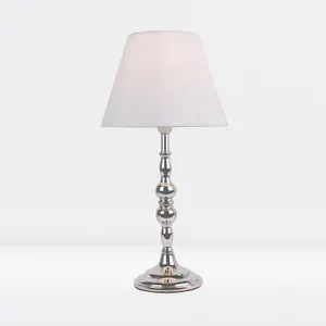 First Choice Lighting Chrome Plated Bedside Table Light with Candle Column White Fabric Shade