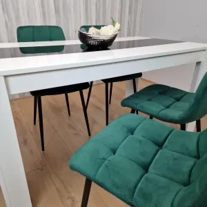 Kitchen Dining Table And 4 Chairs Wooden White Black Table Tufted Velvet Green Chairs