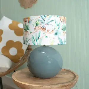 ValueLights Bosco Eucalyptus Ceramic Table Lamp with Tropical Print Drum Shade - LED Bulb Included