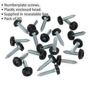 50 Pack Black Numberplate Screws - 4.8 x 24mm Plastic Enclosed Head Fasteners