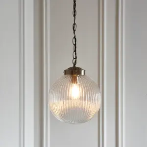 Bateson 1 - Light Globe Pendant Antique Brass/Clear Ribbed Glass / 100cm H x 25cm W x 25cm D