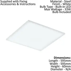 595mm Modern Sleek Ceiling Light White Slim Square Low Profile 33W LED 4000K