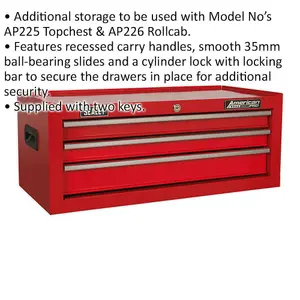 Red 3 Drawer Tool Chest Lockable Storage Unit - 670 x 315 x 255mm