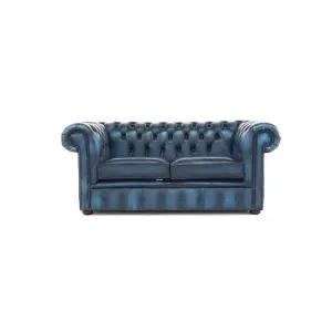 Chesterfield 2 Seater Antique Blue Real Leather Sofa Settee Bespoke In Classic Style