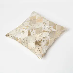 Homescapes Geometric Diamond Gold & Grey Leather Cushion 45 x 45 cm