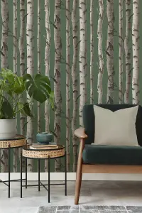 Fine Decor Birch Trees Hunter Green Wallpaper FD43292