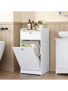 VASAGLE Bathroom Cabinet With Laundry Basket, Bathroom Storage Unit With 1 Drawer And 1 Laundry Hamper, Cloud White