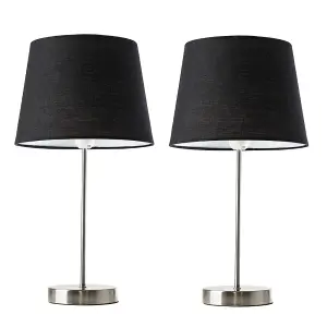 ValueLights Pair of - Modern Standard Table Lamps In Satin Nickle Finish With Black/Gold Drum Shade