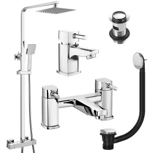 Square Chrome Thermostatic Overhead Shower Kit with Cube Basin Mixer Tap & Bath Filler Set inc. Waste Set