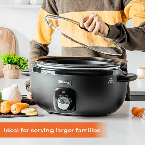 Geepas 6.5 Litre Slow Cooker 3 Temperature Settings, Removable Easy-Clean Aluminum Bowl Tempered Glass Lid & Cool Touch Handle