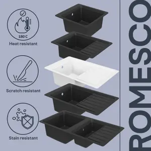 GoodHome Romesco Black Composite quartz 1 Bowl Kitchen sink set With large drainer (W)515mm (L)883mm