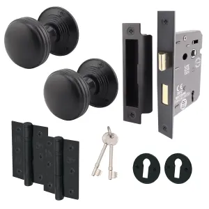 AFIT Lined Key Lock Door Knob Set Matt Black - 1 Pair of Mortice Knobs (55mm), Sash Lock (80mm) & Hinges (76mm) for Internal Doors