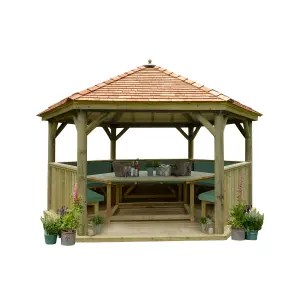 Forest Garden Furnished Cedar Roof Hexagonal Gazebo, (W)4900mm (D)4240mm (Green Cushion included)