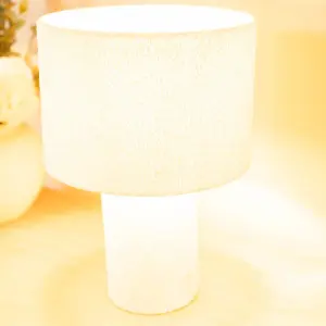 ValueLights Ash Natural Cream Boucle Bedside Table Lamp with a Drum Lampshade - Bulb Included