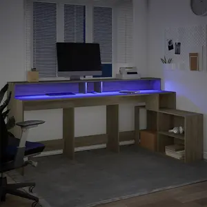 Berkfield Desk with LED Lights Sonoma Oak 200x104x91 cm Engineered Wood