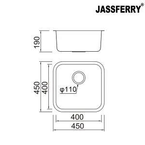 JASSFERRY Undermount Stainless Steel Kitchen Sink Single Bowl, 450 x 450 mm